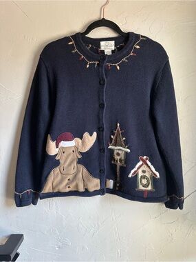 Vintage Christmas Moose Cardigan Holiday Cottagecore Grandpa Cute Novelty Ramie